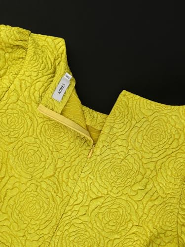 Image of AOMEI Women's Irregular Neck with Flower Short Puff Sleeve High Waist A-Line Jacquard Dress