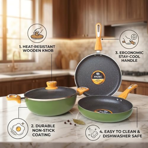 Image of BALTRA Duron Greblon Non-Stick 4 Pc Cookware Set with Glass Lid | 5 Layer Coating | Gas & Induction Compatible | Dosa Tawa 24cm | Fry Pan 24cm | Kadai 24cm | ISI Certified | 1 Yr Warranty