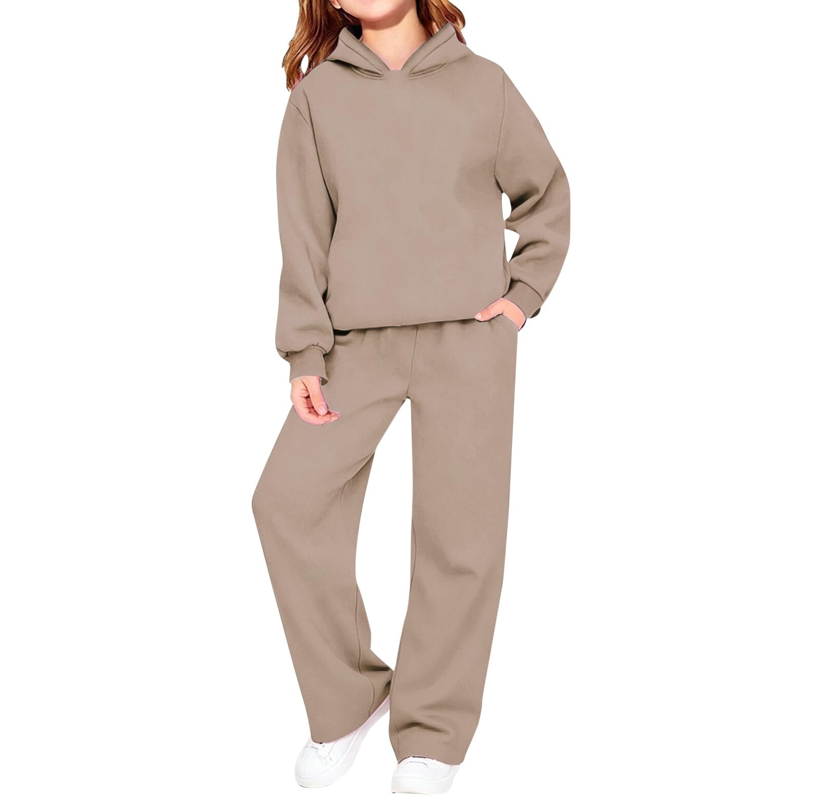 Conjunto de 2 piezas con capucha y pantalones deportivos para niñas, color caqui, 11-12 años | Sudaderas con capucha de pierna ancha para niños, ropa deportiva clásica, lisa, informal, suave, cómoda, ropa deportiva