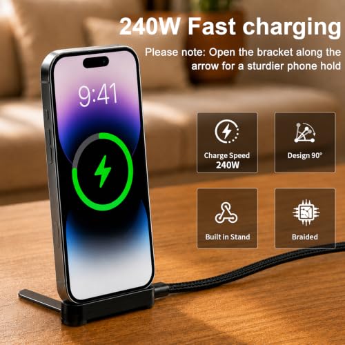 2 Pack USB C to C/Lightning Invisible Holder Charger Cable, 240W 90° Right Angle Fast Charging Cable & Phone Holder 2-in-1, Sideways Flat Phone Charger with Stand for iPhone 17/16/15/14/13/Android - Image 4