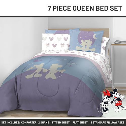 Image of Disney Mickey and Minnie Mouse Queen Comforter Set 7 Piece Bedding, Grey | Bed in a Bag, Comforter Sheets Shams Pillowcases, Official Product, Soft Microfiber, Machine Washable, Kids Gift