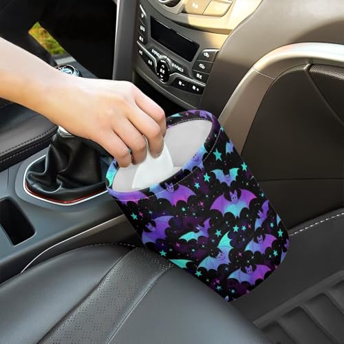 Image of Colorful Bat Print Car Garbage Can Small Trash Can with Leak Proof Inside Liner and Hanging Strap Car Organizer Portable Vehicle Essentials