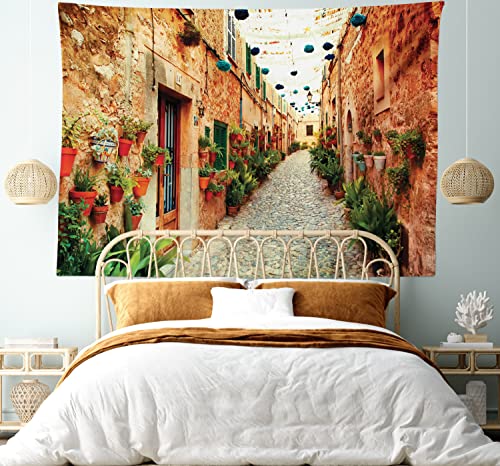 Ambesonne European Tapestry, Spanish Alley Rock Houses And Plants Latin Tourism Scene Mediterranean Print, Wide Wall Hanging For Bedroom Living Room Dorm, 80" X 60", Cream Green #TOP4