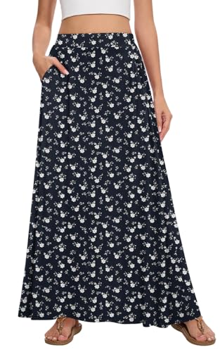 Image of Womens Maxi A-line Long Skirt Casual 2026 Elastic High Waist Flowy Skirts with Pockets