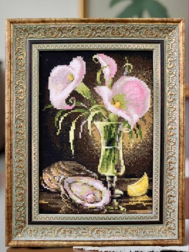 Image of RIOLIS - Calla Lilies and Oyster 2267, Floral Cross Stitch Kits 6 inch x8, Cross Stitch Kit for Beginners & Advanced, Crossstitching Kits Adult, Counted Stitching Kits, Embroidery Kit