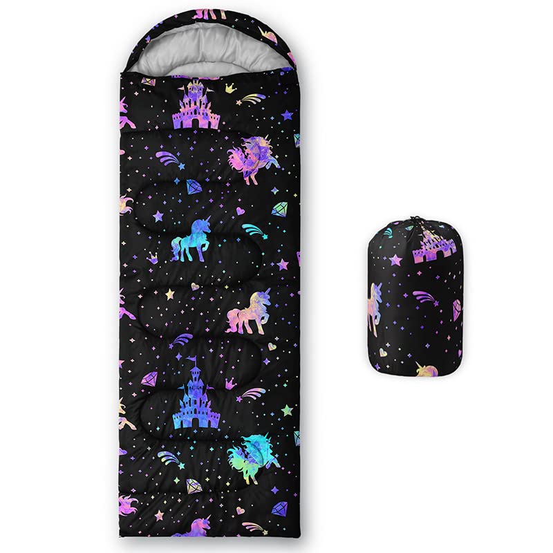 Bolsa de dormir para niños y niñas, color Unicorn, ligera, cálida y portátil para camping y senderismo, resistente al agua y al frío