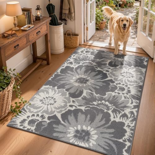 Findosom Washable Area Rug 3x5, Non Slip High-Low Textured Floral Rugs for Bedroom with Rubber Backing, Boho Carpet for Living Room, Kitchen, Entryway, Laundry, Gray