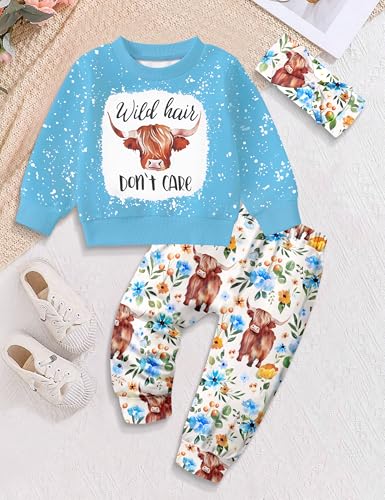 Image of Toddler Girl Clothes Fall Winter Outfits Wild Hair Don't Care Highland Cow Sweatshirt Pants Western Cowgirl Outfit