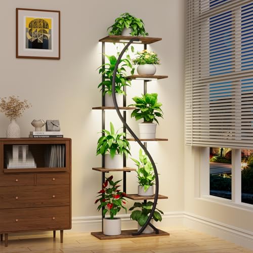 Image of MJOMKN 59 inch Tall Plant Stand with Grow Light Indoor, 7 Tiered Metal Plant Shelf, S-Shaped Flower Display Stand, Corner Storage Shelf for Living Room, Patio, Balcony Decor