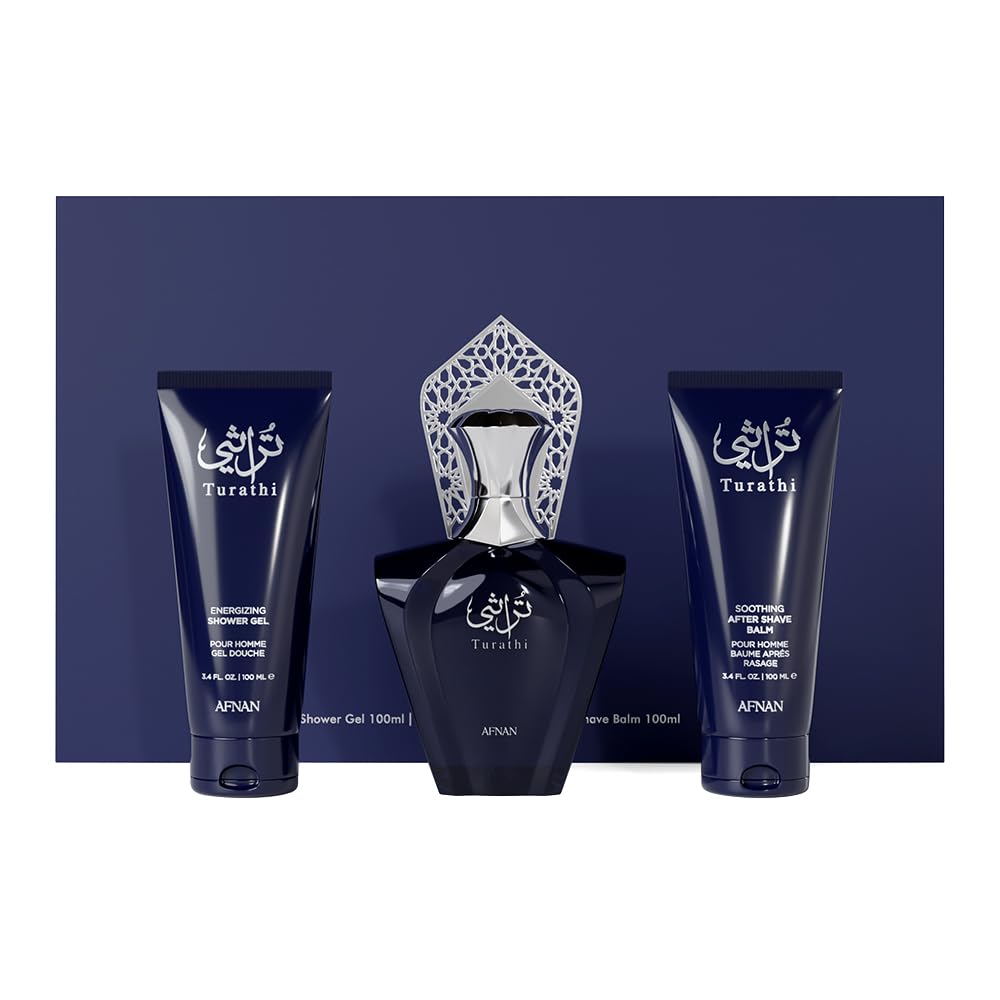 AFNAN Gift Set Turathi Homme Blue Eau De Perfume 100ML + Shower Gel 100 ML + After Shave 100 ML, Perfume Gift Set For Men