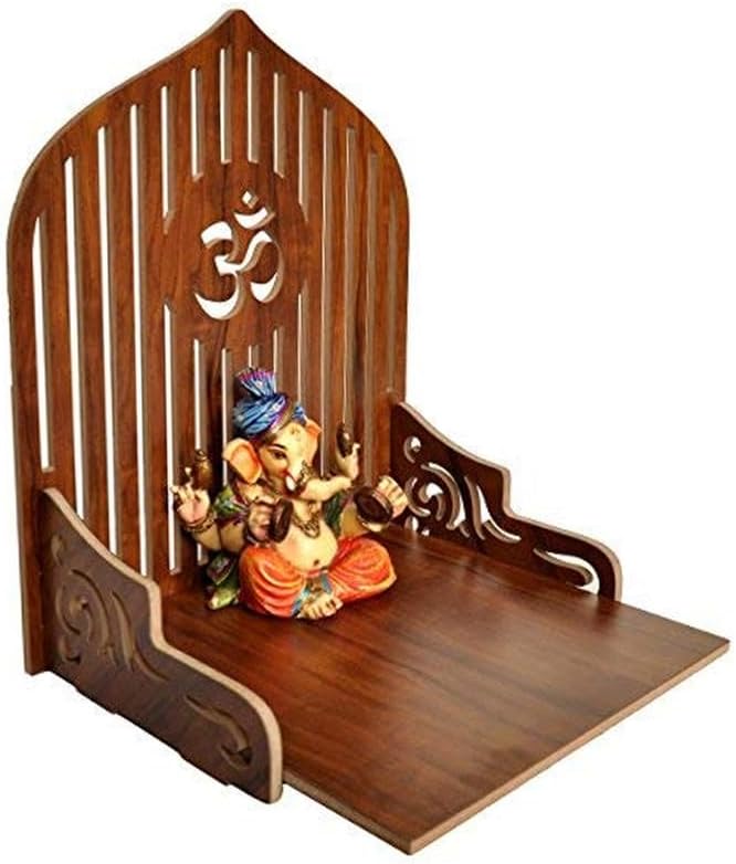 ZUPER Wood Hand Crafted Om Pattern Home Temple for Puja Temple for Home and Office I Puja Stand I Wooden Mandir I Puja Shelve, (Brown) (Pack of 1)