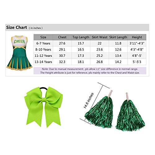 GRAJTCIN Girls Cheerleader Costume Kids Cheer Uniform Cheerleading Outfit Halloween Fancy Dress for 10-12 Years Hair Bow(150, Green)