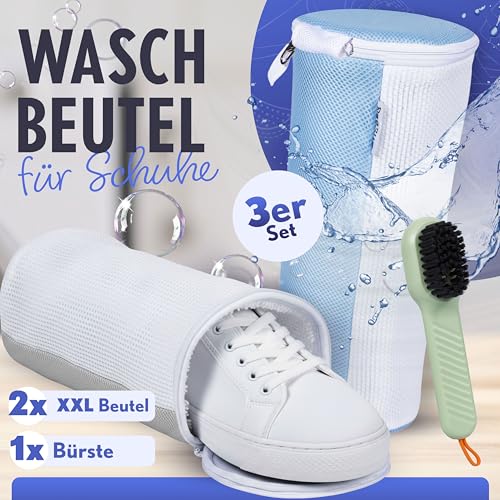 PROMILA- Schuhwaschbeutel Waschmaschine -3 teiliges Set- Schuhbeutel Waschmaschine in Grau/Blau-2XXL waschbeutel Schuhe & Reinigungsbürste-PROMILA wäschesack Schuhe ist Leise, Fusselnfrei,Top-Qualität