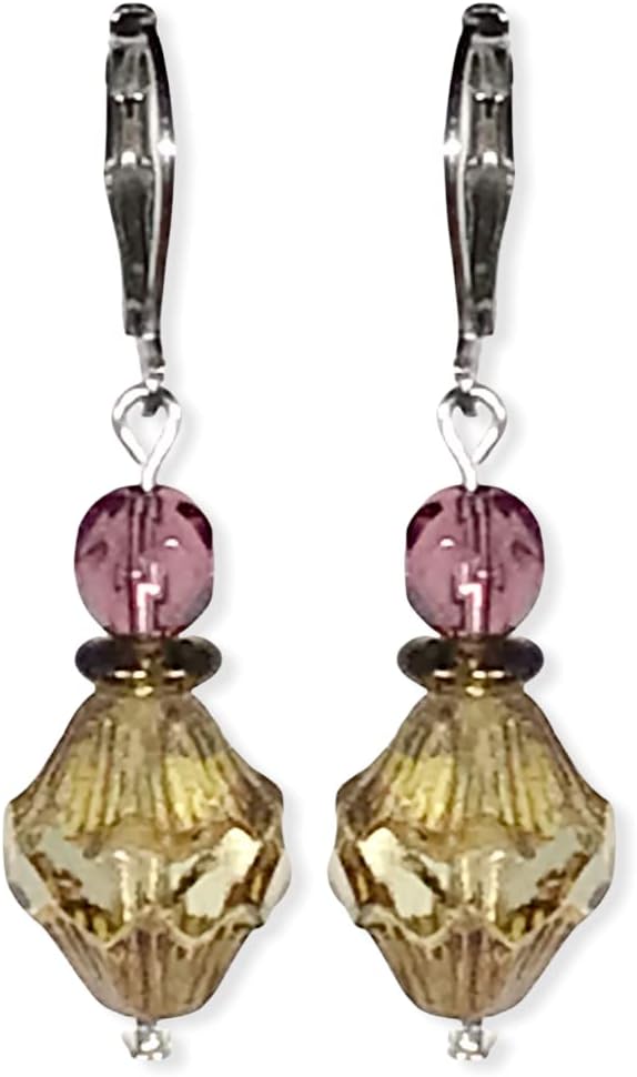 CariCat Designs Handmade Boho Chic Petite Czech Glass Amber Beading with Purple Glass Beading Accent Earrings