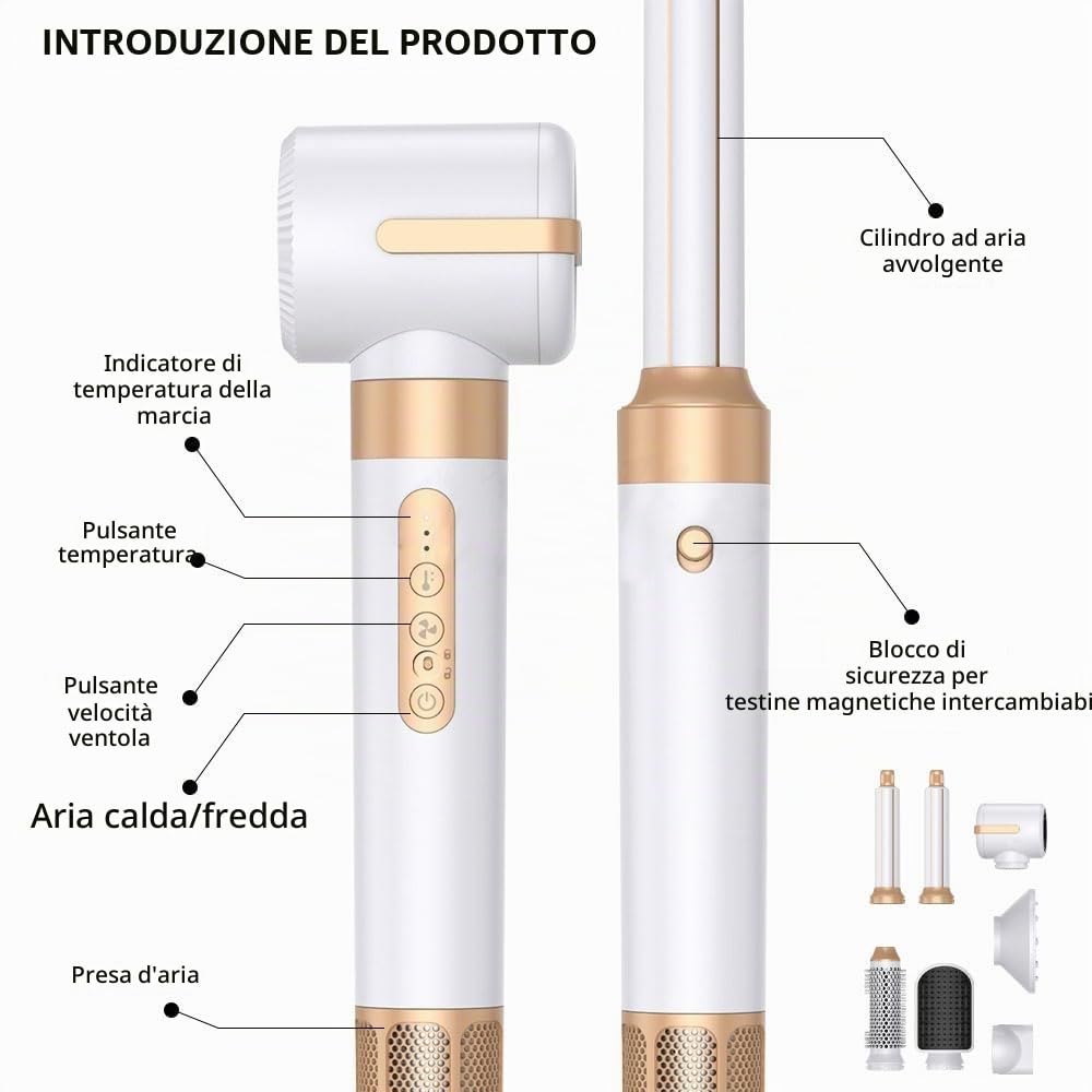 Asciuga Capelli 7 In 1, Air Styler Con Spazzola Asciugacapelli, Lisciante, Diffusore, Ugello Per Lo Styling, 110000 Giri/Min Phon Per Lisciare, Volume e Styling