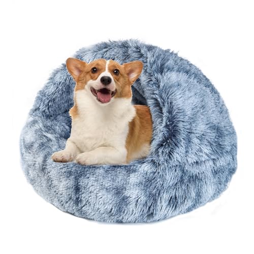 Dog Beds for Small Dogs, Cat Cave with Hooded Cover Bed - Washable Round Beds for Small Medium Pets - Anti-Slip Faux Fur Fluffy Warming Pet Bed 25inch