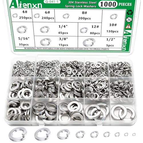 Aienxn 1000PCS �X�v�����O���b�N���b�V���[�l�ߍ��킹�L�b�g�A9 SAE�T�C�Y -#4�A#6�A#8�A#10�A#12�A1/4�C���`�A5/16�C���`�A3/8�C���`�A1/2�C���`�A�{���g�˂��p304�X�e�����X�X�`�[�����b�V���[�A�X�v���b�g���b�N���b�V