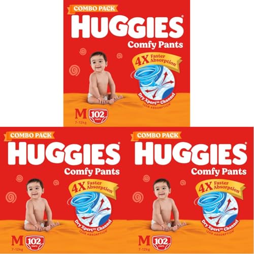 Image of Huggies Comfy Pants Baby Diaper, Medium (M) Size (7-12 Kgs), Pack of 306 (34 Count, Pack of 3)