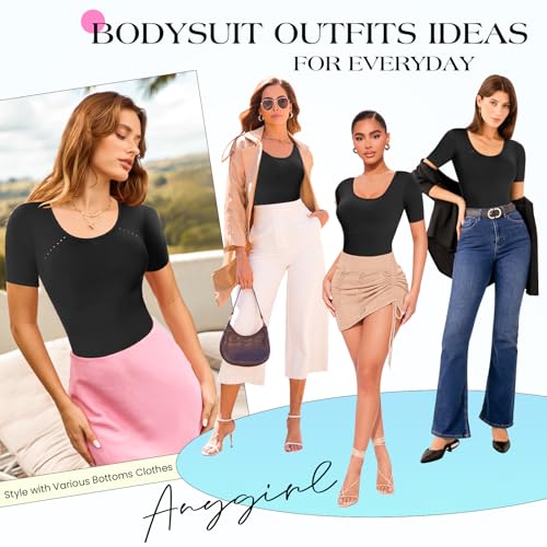 Image of Anygirl Short Sleeve Shapewear Bodysuit for Women Tummy Control Round Neck Body Shaper Seamless Thong Bodysuits T-Shirt Tops