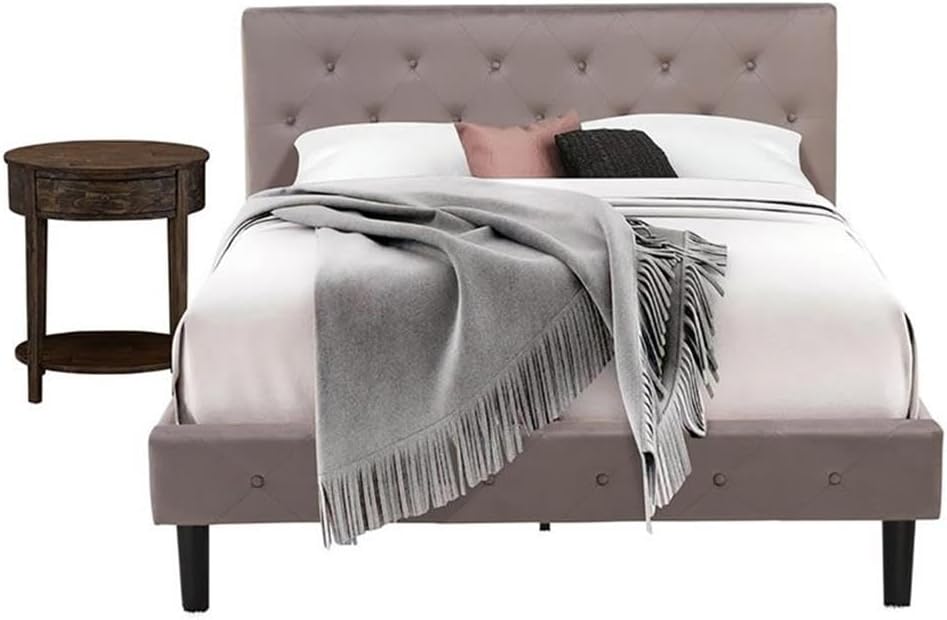 East West Furniture NL14Q-1HI07 2 Piece Queen Size Bed Set - Button Tufted Bed Frame - Brown Taupe Velvet Fabric Upholstered Headboard and a Distressed Jacobean Finish Nightstand