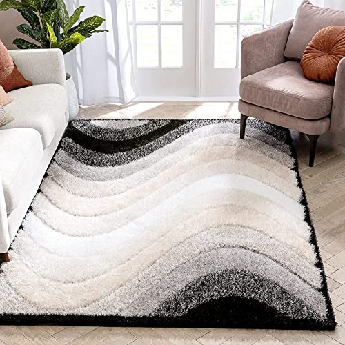 Image of 3D Wave Design Shaggy Rug 3x5 ft Ultra-Soft, Thick, Fluffy Carpet for Living Room, Bedroom Black and White Gradient
