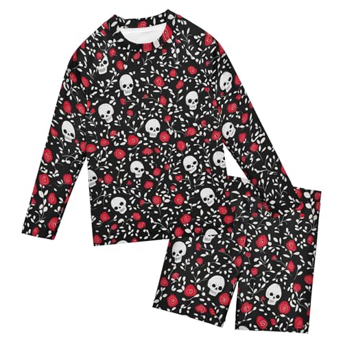 Skull Flower Boys Rash Guard Swimsuits Set for Boys Long Sleeve Swim Shirts Bathing Suits with Trunks B0404475