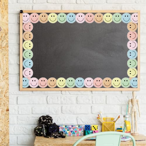 Image of Whaline 32.8 Ft Boho Happy Face Bulletin Board Border Pastel Smile Face Die-Cut Border Trim with Silver Edge for Back to School Chalkboard Wall Decoration