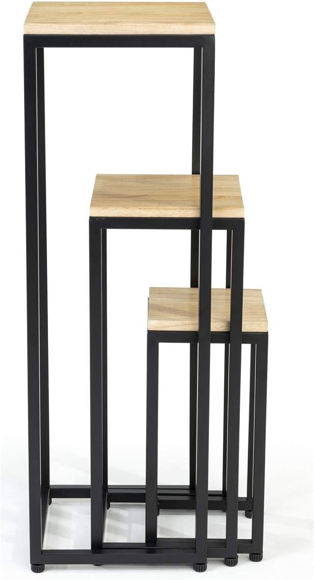 Displays2go Metal and Pine Wood Nesting Tables, Set of 3, Square Design - Natural Finish