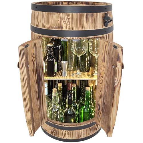 weeco Home Bar Wooden Barrel with LED Lighting and Doors 2 Shelves for Bottles Rustic Style Alcohol Cabinet Bar Furniture 80 x 50 cm