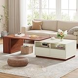Tribesigns Extendable Coffee Table with 2 Storage Drawers, Reversible Center Table with Shelves and Sliding Tabletop, Large Coffee Table for Living Room, White & Walnut (43' to 75' Adjustable Length)