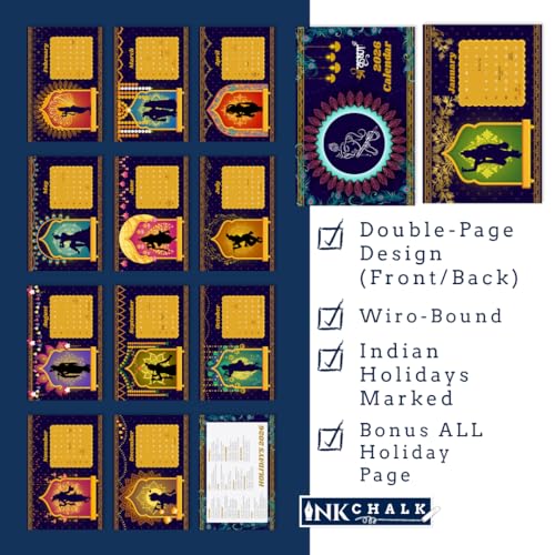 Image of Lord Krishna Silhouette Desk Calendar 2026 | 9x6 Inch Flip Calendar with Unique Krishna Art & Vibrant Backgrounds | Indian Holidays Marked | Spiritual Office Desk Decor