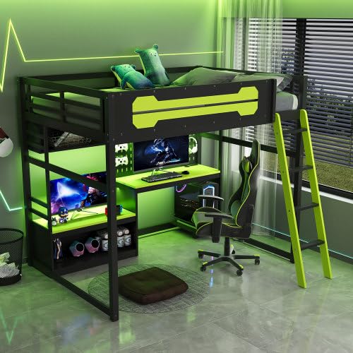 Full Size Gaming Loft Bed with Desk and LED Lights, Wood Loft Bed with Storage Shelves & USB Ports, Full Size Loft Beds Frame for Adults Kids Teens, Black+Green
