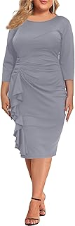Plus Size Dresses for Women 3/4 Sleeve Bodycon Ruffle Vintage Midi Pencil Dress - Buy now