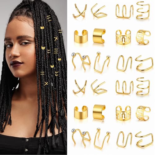 24Pcs Hair Accessories Loc Jewelry Adjustable Hair Rings Non-piercing Ear Clip Hair Dreadlocks Hair Cuff Metal Alloy Braid Clips Hair Charms for Men Women Most Hairstyles Braids (Gold 6Style)
