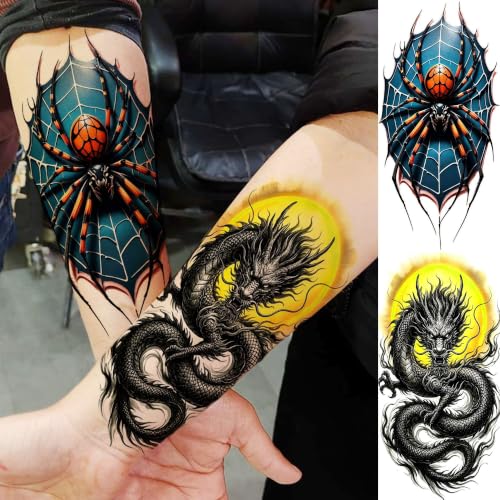 Image of Bilizar 12 Sheets Creative Animals Temporary Tattoos For Men Women Adults Lion Tiger Panther Tattoo Sticker, Realistic Wolf Dragon Spider Fake Tattoos Forearm Half Arm Sleeve Tatoos Waterproof Durable