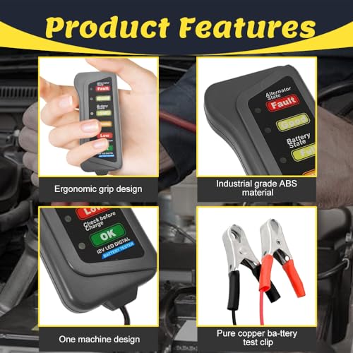 WINUERK 12V Car Battery Tester, Automotive Alternator Tester, Automotive Battery Analyzer with 6 LED Indicator, Battery Checker for Testing Battery Condition & Alternator Charging Universal for Cars - Thumbnail 4