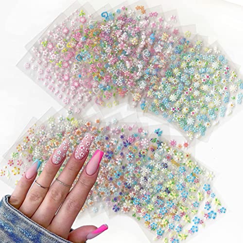 30 Sheets Flower Nail Art Stickers 3D Self Adhesive Nail Decals Colorful Daisy Floral Bow Tie Heart Designs Nail Sticker For Women Girls Acrylic Nails Diy Manicure Decorations #TOP4