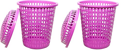 Image of Plastic Laundry Basket With Lid Big Size For Clothes 50 Litre Hamper Bag Dress Storage Toys Organiser Cover Combo With Cap Heavy Duty Round Shape (2 Pcs, Pink)