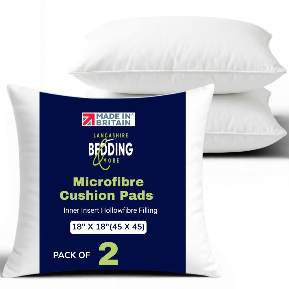 Lancashire Bedding Pack Of 2 Microfibre Luxury Cushion Pad Inner Insert Hollowfibre Filled Square Bounce Back Cushions Anti-Allergenic Light Weight Back Support 18X18 Bed Pillow (45X45cm)