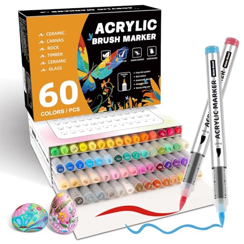 ABEIER 60 Colores Rotuladores Acrilicos, Marcadores AcríLicos de Cabeza de Cepillo Suave, Marcadores Rotuladores Acrílicos para Colorear Adultos, para Piedra, Madera, Lienzo, Vidrio, Cerámica