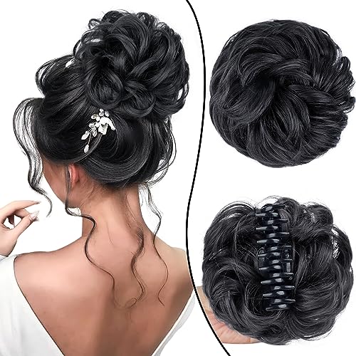 (1-Claw-Black) - Messy Curly Dish Hair Claw Bun Hairpieces Clip in Claw Hair Natural Looking Wavy Curly Combs Clip in Ponytail Synthetic Hairpiece for Women (Black)