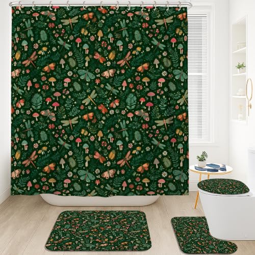 Rideau de douche lavable avec crochets et tapis de bain vert imperméable