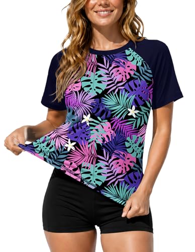 Image of AOBUTE Women Short Sleeve Rash Guard UPF 50+ Tropical Sun Protection Floral Swim Shirts