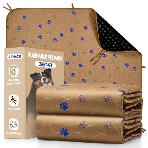Image of Fostanfly Washable Dog Pee Pads, 2-Pack 36 inchx41 inch Large Reusable Potty Training Pads, Ultra-Absorbent, Leak-Proof & Non-Slip, with 8 Lanyards for Playpen, Crates & Furniture, Brown