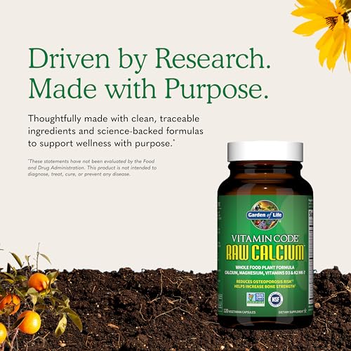 Image of Garden of Life Raw Calcium Supplement for Women and Men - Vitamin Code Made from Whole Foods with Magnesium, K2, Vitamin D3 and Vitamin C plus Probiotics for Digestion, 120 Capsules
