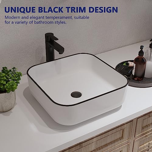 DeerValley-15-x-15-Bathroom-Sinks-Vessel-Sink-Square-White-Ceramic-Bathroom-Vessel-Sinks-Bath-Sink-Above-Counter-Vanity-Sink-Basin-Sink-Bowl-for-Bathroom-White-Body-with-Black-Trim-DV-1V0033 DeerValley 15 x 15 Bathroom Sinks Vessel Sink Square White Ceramic Bathroom Vessel Sinks Bath Sink Above Counter Vanity Sink Basin Sink Bowl for Bathroom White Body with Black Trim DV 1V0033