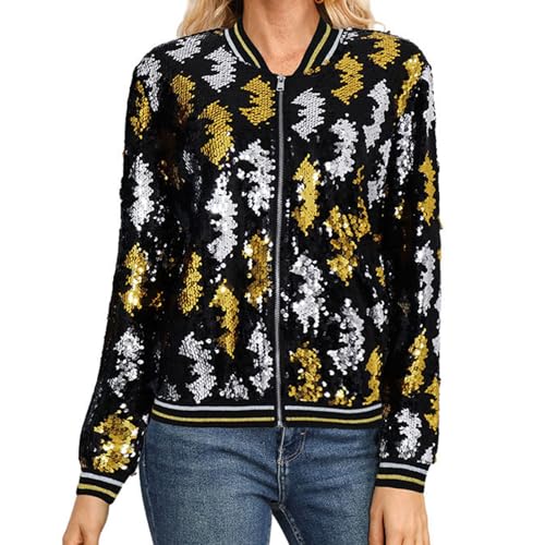 Chaqueta de béisbol brillante para mujer, de carnaval, a la moda, con cuentas, chaqueta de vestir para mujer, Negro, XXL