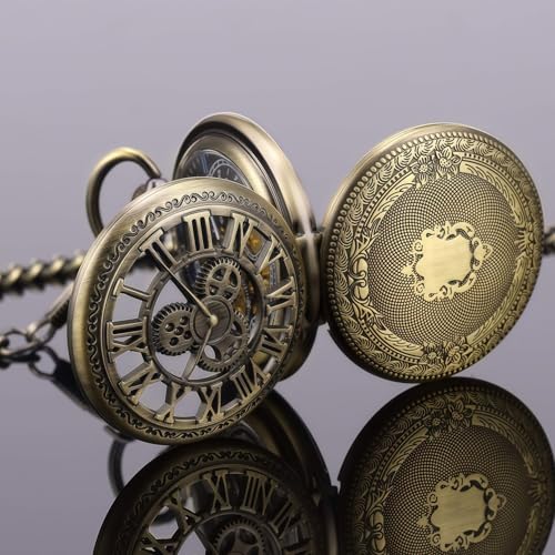 Image of SIBOSUN Pocket Watch Skeleton Mechanical Double Case Hand-Wind Bronze Roman Numerals Antique Chain Mens