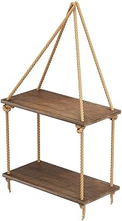 Rope Wood Hanging Shelves, 2 Tier Window Wall Hanging Shelf for Plant Photo Frames Decorations Display Decor for Window Kitchen Bathroom Bedroom