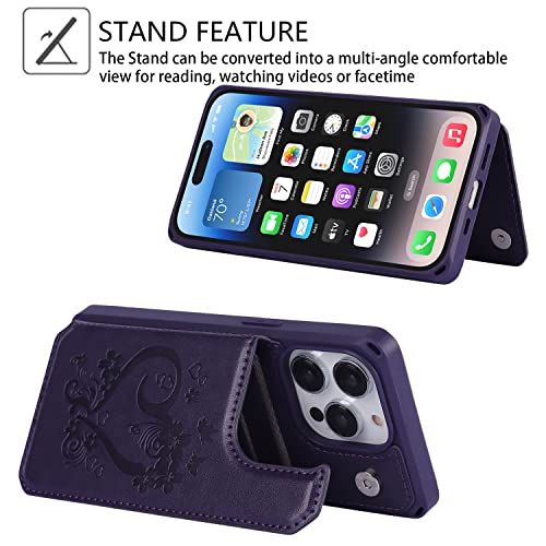 Image of Cavor for iPhone 14 Pro Case with Card Holder,for iPhone 14 Pro Wallet Case for Women Men,Phone Case for iPhone 14 pro with Stand Credit Card Holder, Leather Strap Shockproof Cover- Dark Purple